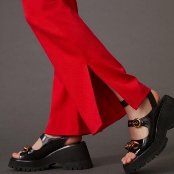 Anthropologie Maeve Tomato red knit flare with slits pull-on pants size Large - Picture 2 of 10